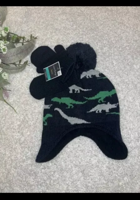 Hat & Mittens set kids Boys Dinosaur West Loop One SZ 4-8yrs Navy NEW