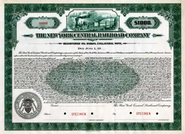 1937 New York Central RR $1000 Specimen Bond Certificate