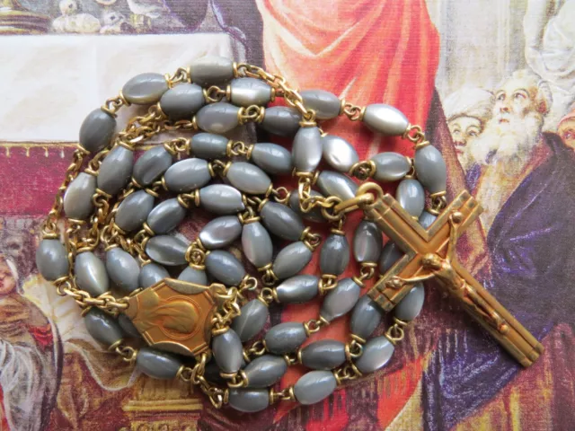 Art Deco Antique Dyed Grey Genuine Mother of Pearl Beads Rosary-Goldplated