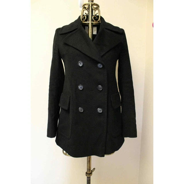Fleurette Loro Piana Black Wool Double Breasted Pea Coat Size 2