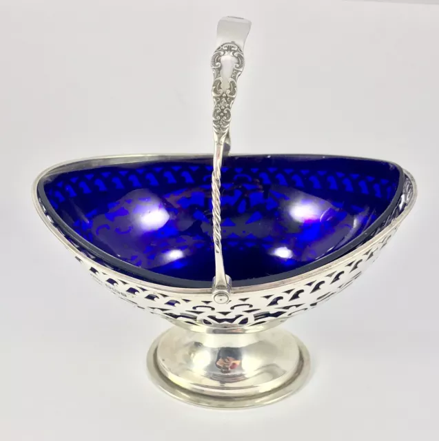 Cesto zucchero argento massiccio piatto fodera blu cobalto 1906 William Mammatt & Son