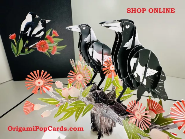 Origami Pop Cards DOUBLE Australian Magpie Bird Happy Birthday Pop Greeting Card