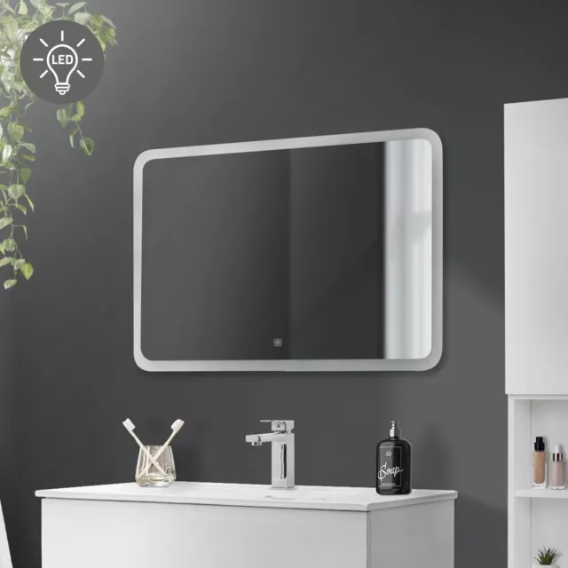 Miroir mural lumineux LED blanc avec commande tactile de salle de bain 90x60 cm