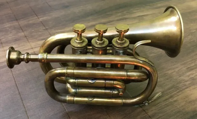 Antike Messing-Trompete, Vintage-Taschenhorn, Studentenhorn, 3 Ventile
