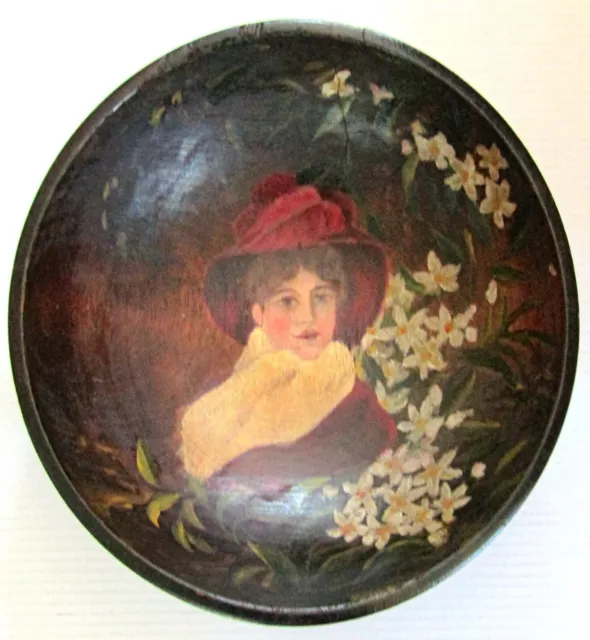 Primitive Wood Bowl w/ Hand Painted Portrait of Woman Late 17th to Early 18th C