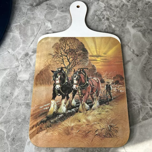 Vintage Melamine Chopping Board Shire Horses Farming Country Scene 8x14”