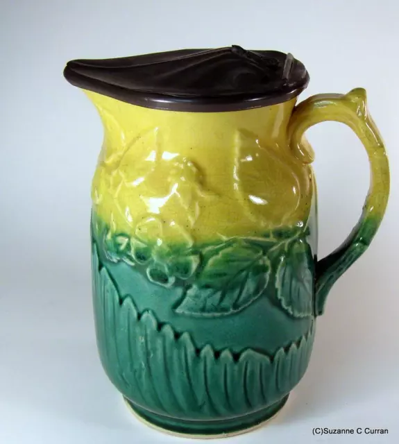 Antique Majolica Syrup Pitcher Green & Yellow Floral with Pewter Lid