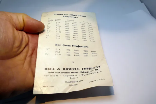 Bell & Howell 8mm 16mm Filmo Objectif Projection Guide Brochure Accessoire Liste 3