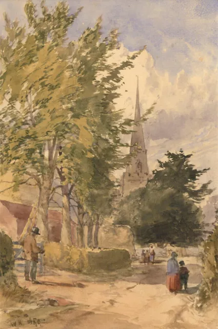 W.H - 19th Century Watercolour, Village Street Scene with Church