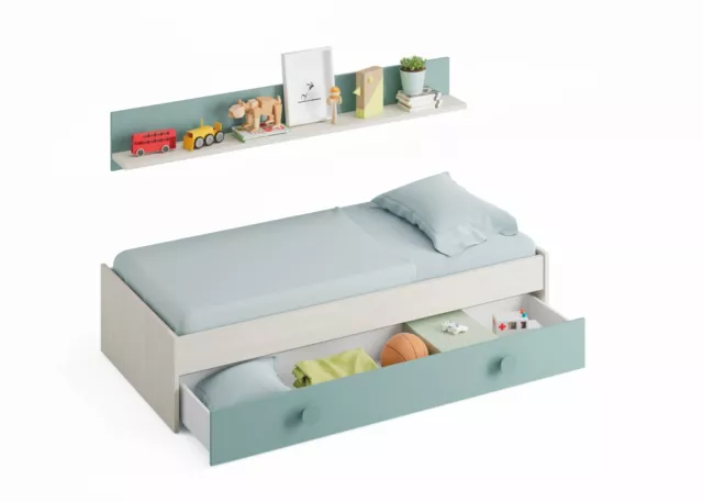 Cama doble compacto juvenil nido + estante, cama infantil, Blanco Alpes y Acqua