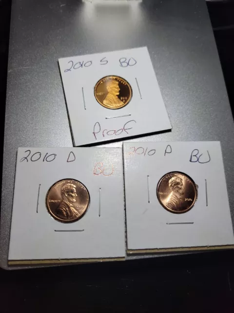 2010 P D S Lincoln Shield Cent Year Set Proof & BU US 3 Coin Lot