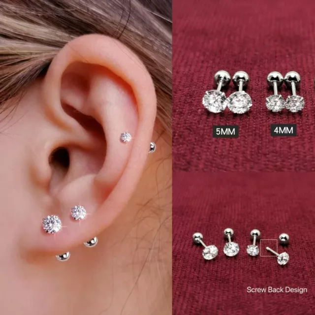 Round CZ Crystal Screw Back Stud Earrings Womens Girls 316L Surgical Steel 2-6mm