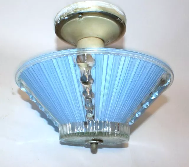 Mid-Century Art Deco Vintage Ceiling Light Fixture, Light Blue/Clear Glass Shade