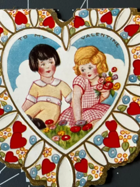 Vintage Valentine Card Die Cut Whitney Made Heart Folder Boy Pretty Girl 1920's