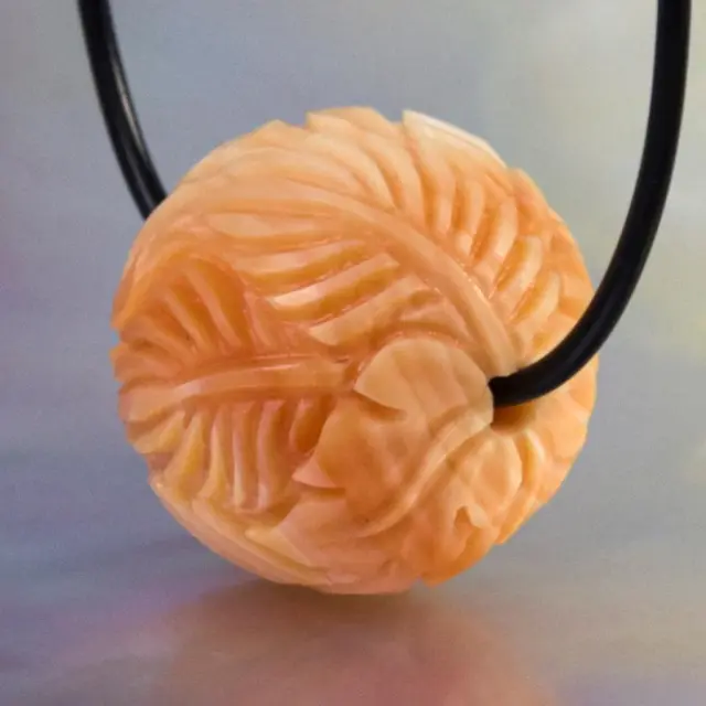 Tropical Leaf Design Bead 14.57 mm Carved Apricot Shell Handmade drilled 4.04 g