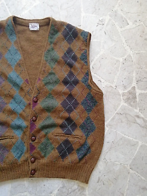 Gilet classico uomo Maglione lana Panciotto caldo marrone rombi Vintage, tg. XL