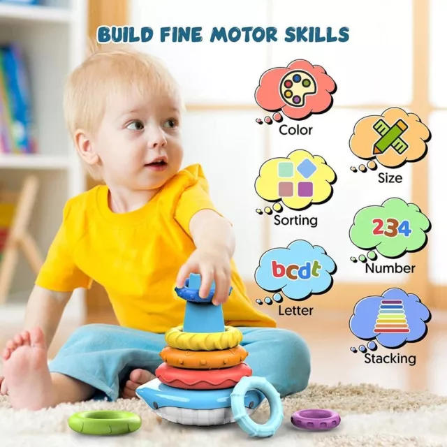 Teaching Tools For Toddler Kids Stacking Ring Blocks Building Toy Rainbow Tower
