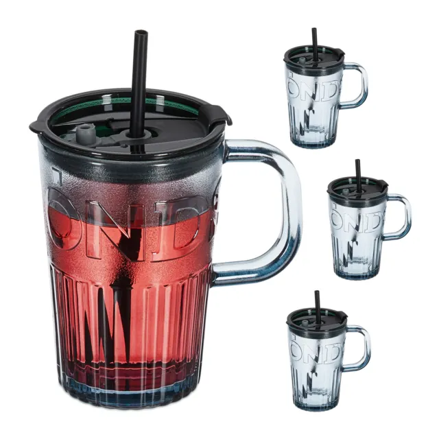 Trinkgläser 4er Set Wasserglas mit Strohhalm Henkelbecher Glasbecher Saftglas