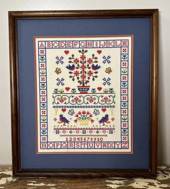 Vintage Cross Stitch Alphabet Sampler Danish Floral Birds Completed Needlework