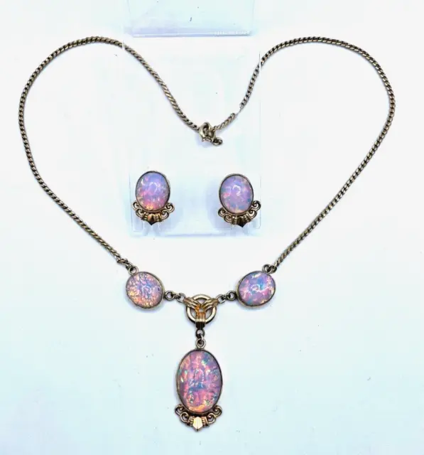 WOW! VTG Signed VAN DELL Opal cabochon necklace earrings set 12k GF
