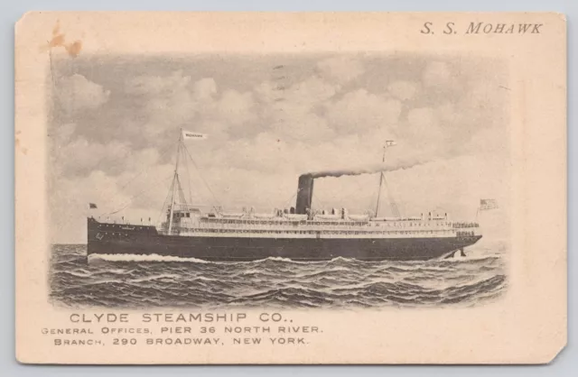 1911 S.S. Mohawk, Clyde Steamship Co. New York Antique Postcard Steamer, Boat