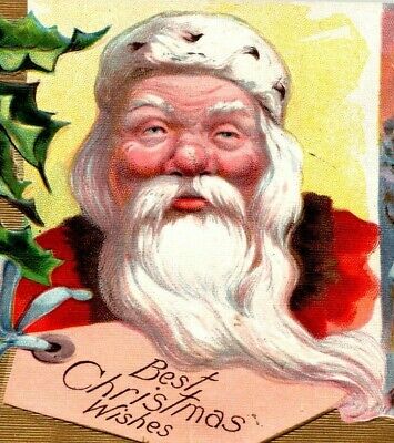 C.1908 Christmas. Santa Embossed. Gift Tag. Holly. Greetings. Mansion. Postcard