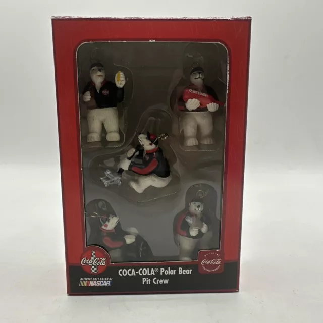 Coca-Cola Boxed Set of 5 Mini Christmas Ornaments Polar Bear Pit Crew NASCAR