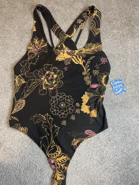 Free People Intimately Bodysuit NWT Black Multi Boho Print  Sz M