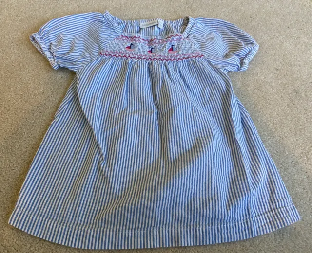 JoJo Maman Bebe Girls Shirt 4-5 yrs Smocked Boat Embroidery Blue White Stripe