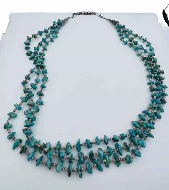 Vintage Navajo Sterlingsilber Blau Türkis Perlen Triple Strang Halskette