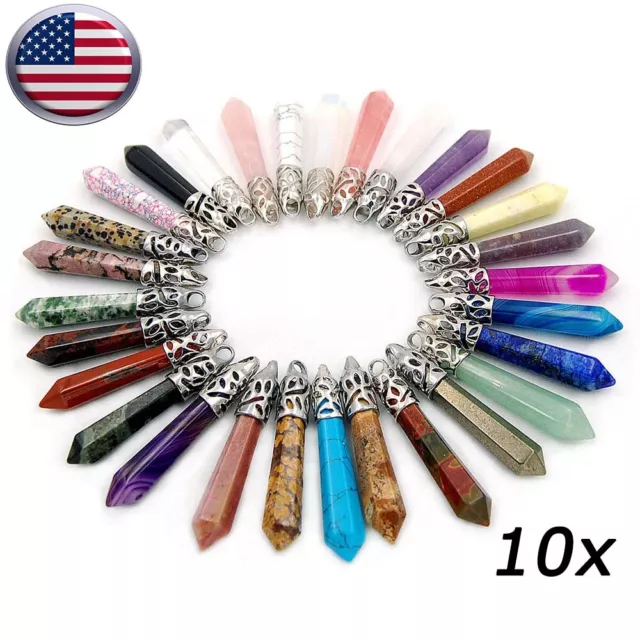 10pack Natural Gemstone Long Hexagonal Pointed Reiki Chakra Pendant Charm Gift