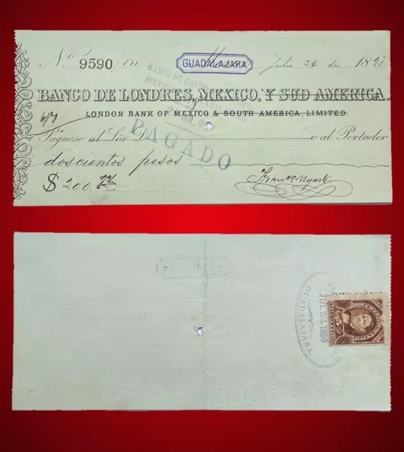 1893   BANCO de LONDRES, MEXICO Y SUD -AMERICA $200 PESOS GUADALAJARA  CHECK UNC