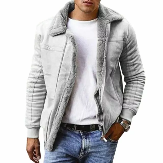 Mens Fur Lined Long Sleeve Casual Warm Winter Fleece Coat Outwear Jacket Zip Up