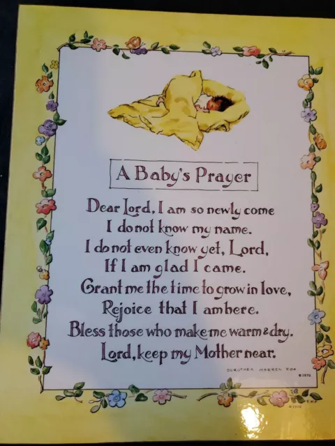 Vtg Plaque "A BABY'S PRAYER" Dorothea Warren Fox PASTEL Yellow Nursery Decor