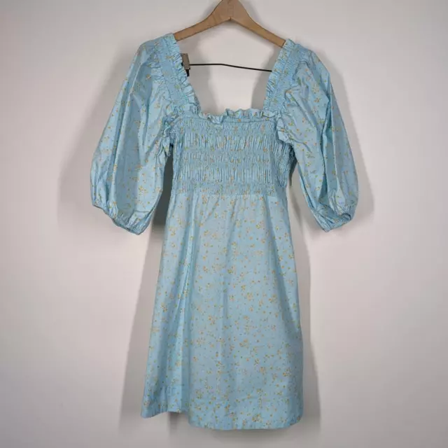 Ganni Shirred Puff Sleeve Blue Floral Mini Dress Cotton EU 34 US 2 XS Preowned