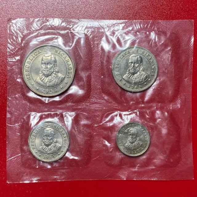 (4) Nicaragua Mint Sealed Type Set Coins 50 Centavos 1954, 5-10-25 Centavos 1964