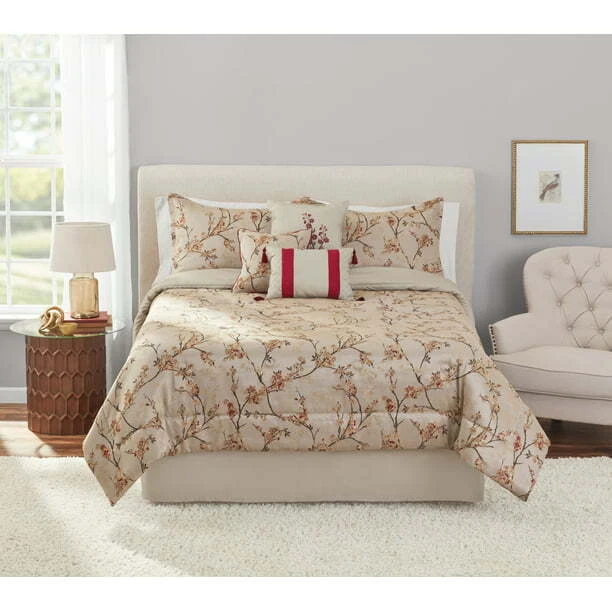 Mainstays 7-Piece Cherry Blossom Jacquard Comforter Set, Red and Tan, Full/Queen