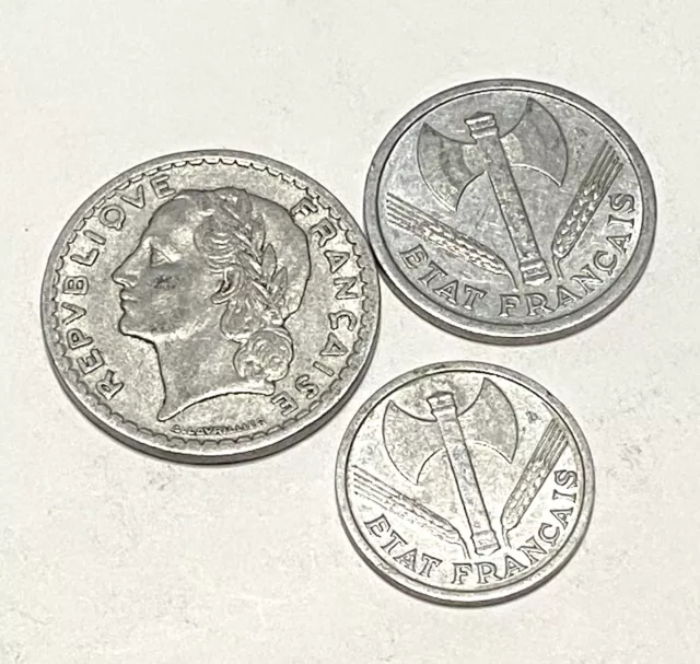 Set Of Three WWII Era Aluminum Foreign Coins From French