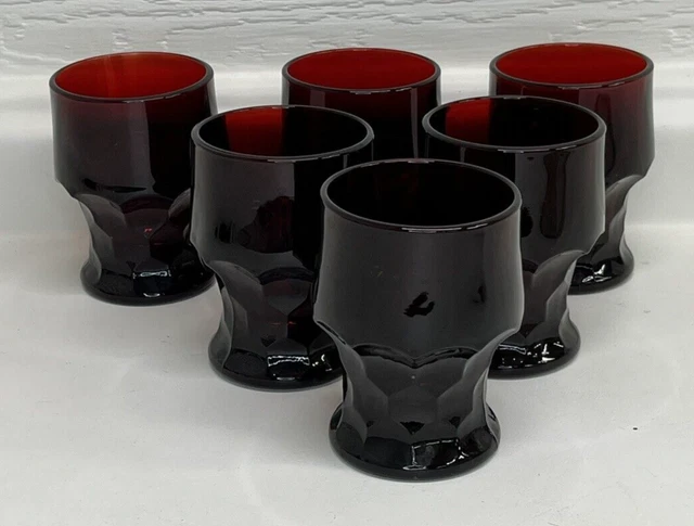 Vtg Set of 6 Anchor Hocking Ruby Red Georgian Honeycomb Glasses Tumbler 8oz MCM