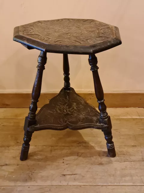 Antique Carved Oak Octagonal Tripod Side Table Bobbin Turned Legs Incised Number