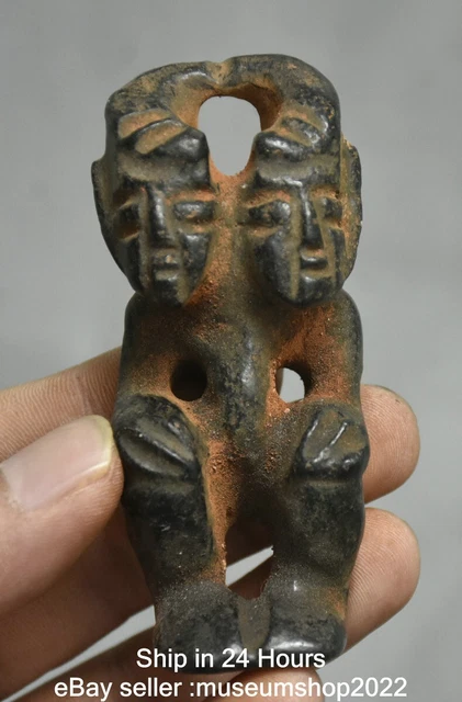 3.4 " Old Chinese Hongshan culture Carving 2 Head Sun God Amulet Pendant