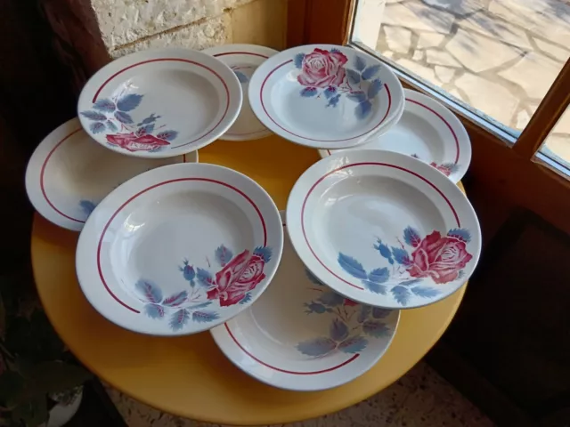 8 assiettes Creuses En  faïence Digoin Sarreguemines roses rouges Modèle Lucette