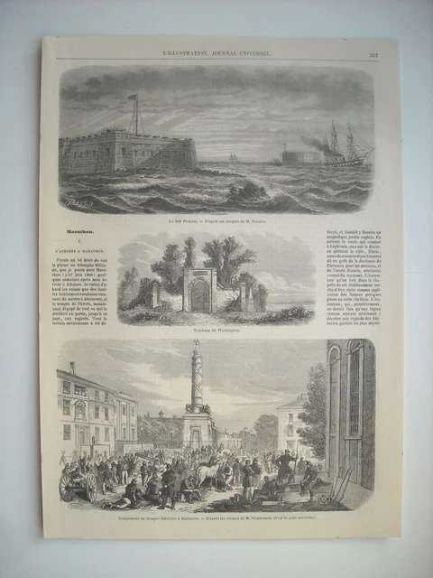 Gravure 1861. Evenements Amerique. Fort Pickens. A Baltimore. Tombeau Washington