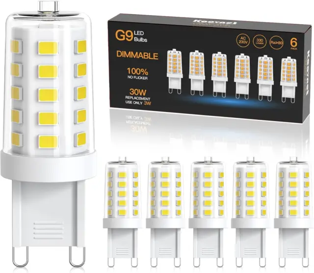 Koovnet 6Pack G9 Led Light Bulbs Dimmable, Cool White 6000K 300LM 3W, Equivalent
