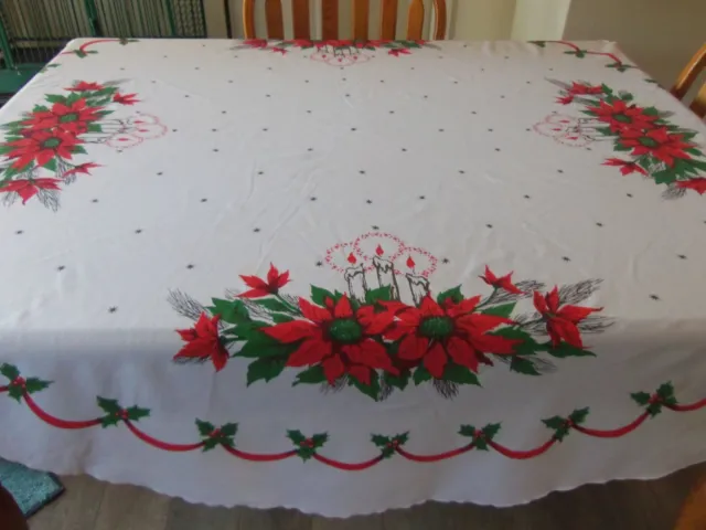 Vintage Christmas Tablecloth Poinsettia and Candles Round Cotton Poly blend 68"