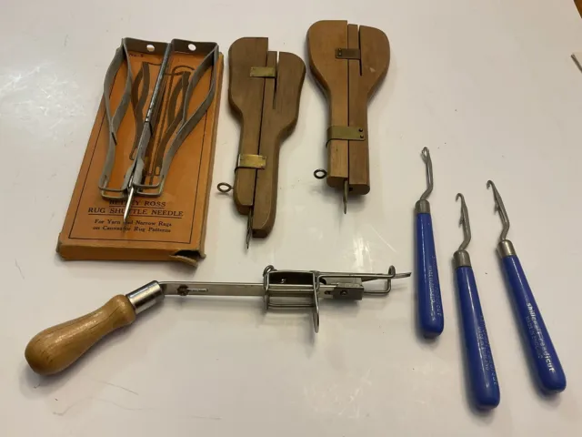 Lote de herramientas vintage con aguja perforadora de alfombra y lanzaderas de madera