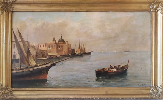 Antico Dipinto ad Olio Marina Napoletana con Barche Porto di Pozzuoli firmato