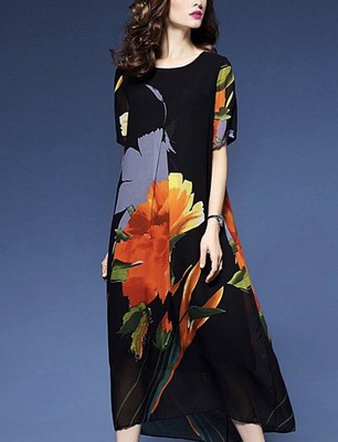 Vicky And Lucas Black & Orange Floral Maxi Dress Size XL