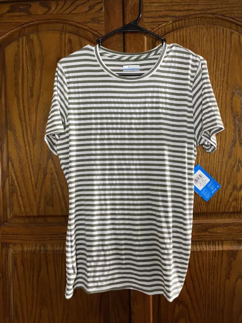 NWT COLUMBIA WOMENS Size XL Omni-Shade Green White Striped Ruched T ...