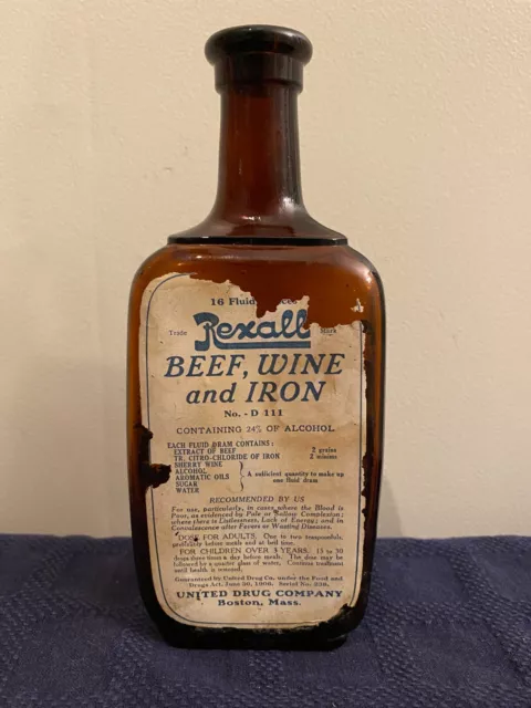 Antique Apothecary Rexall Bottle of Beef Iron and Wine Boston, MA With Label